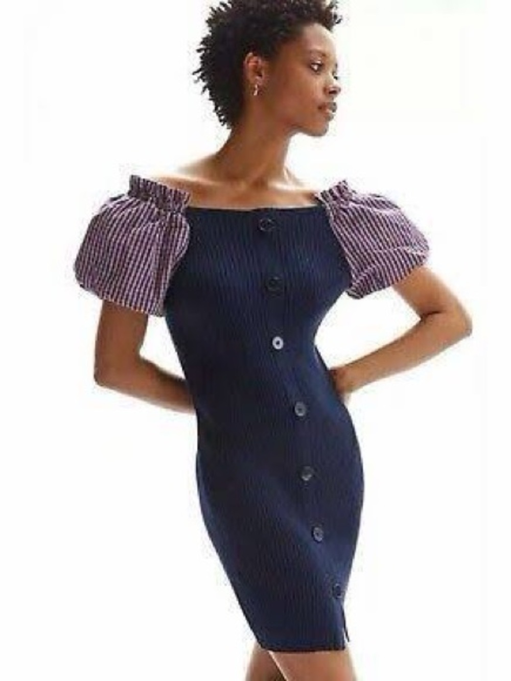 Maeve by Anthropologie Ribbed Puff Sleeve Mini Dress Navy Gingham XS